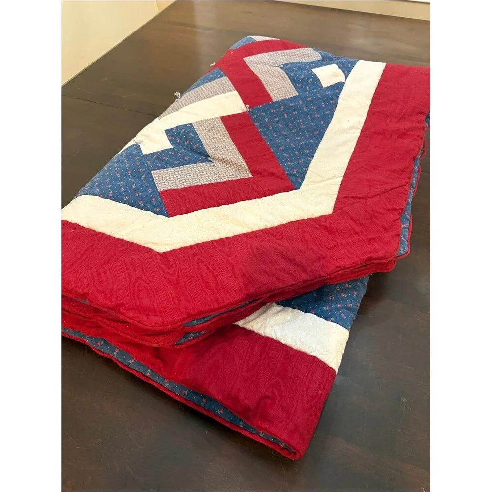 Hand Crafted Red, Blue & Cream Geometric Patchwork Quilt